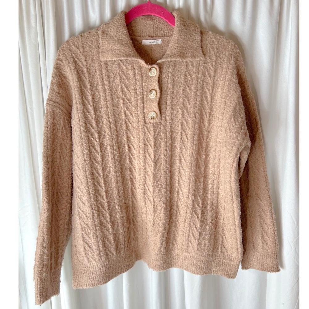 Timing Beige Long Sleeve Cable Sweater 3 Button Front Lightweight Cozy Weekend